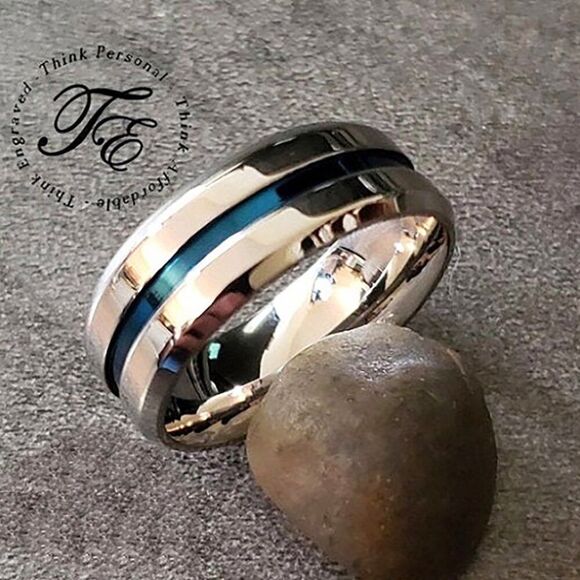 Men's Silver Promise Ring Band - Blue Line Center Groove Blue Line Promise Ring - Picture 1 of 8